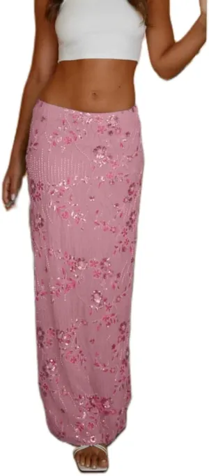 Melliflo Womens Sequin Maxi Skirt Sparkle Rhinestone Floral Embroidery Boho Long Skirts Summer Glitter Going Out Skirt