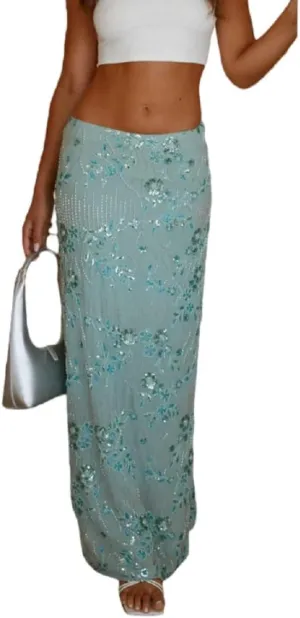 Melliflo Womens Sequin Maxi Skirt Sparkle Rhinestone Floral Embroidery Boho Long Skirts Summer Glitter Going Out Skirt
