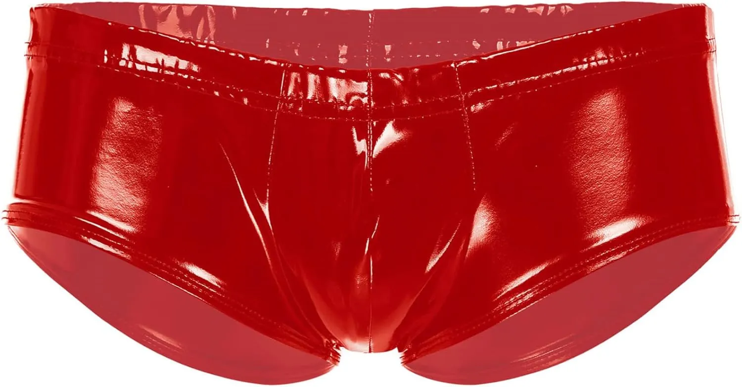 Men Elastic Waistband Bulge Pouch Bikini Briefs Underwear Wet Look Patent Leather Shorts Red Medium