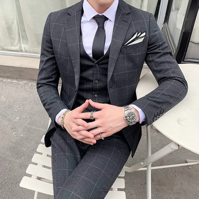Mens 3 Piece Slim Fit Plaid Suit Formal Business Tuxedos Blazer Vest Pants | 812