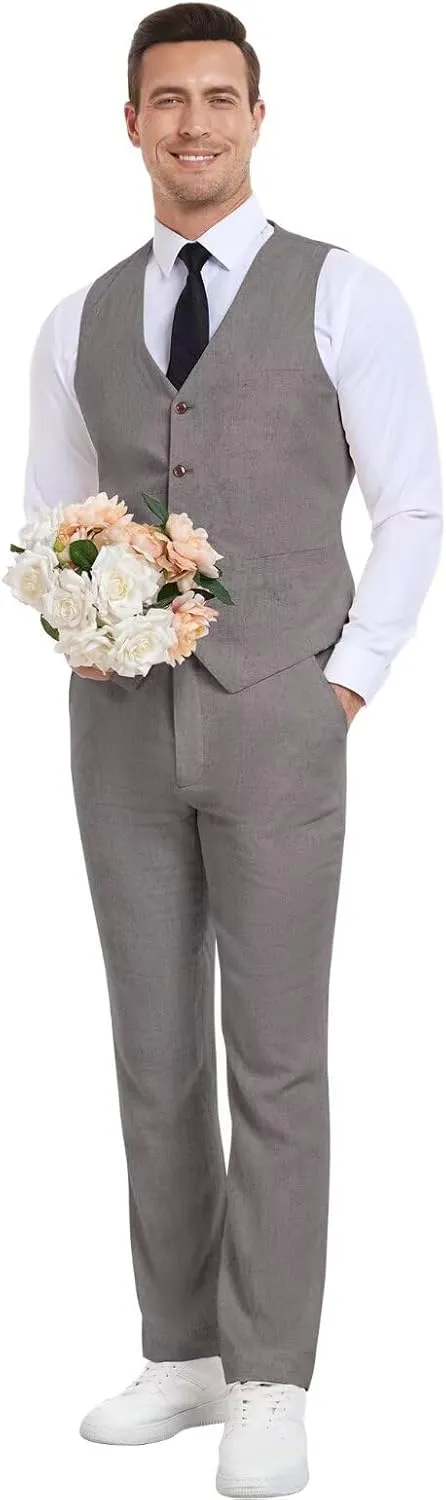 Men's Linen Suits 2 Piece Slim Fit Suit Prom Beach Wedding Groomsman Vest Pants Set Casual Summer Linen Outfit
