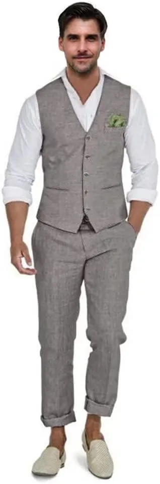 Men's Linen Suits 2 Piece Slim Fit Suit Prom Beach Wedding Groomsman Vest Pants Set Casual Summer Linen Outfit