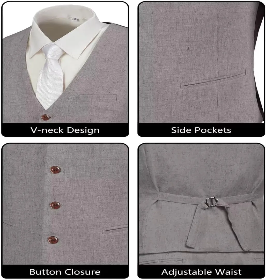 Men's Linen Suits 2 Piece Slim Fit Suit Prom Beach Wedding Groomsman Vest Pants Set Casual Summer Linen Outfit