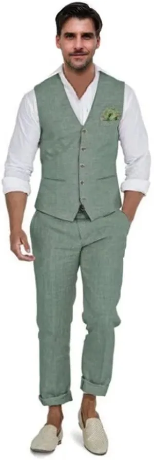 Men's Linen Suits 2 Piece Slim Fit Suit Prom Beach Wedding Groomsman Vest Pants Set Casual Summer Linen Outfit
