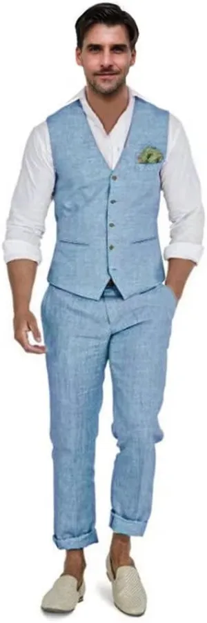 Men's Linen Suits 2 Piece Slim Fit Suit Prom Beach Wedding Groomsman Vest Pants Set Casual Summer Linen Outfit