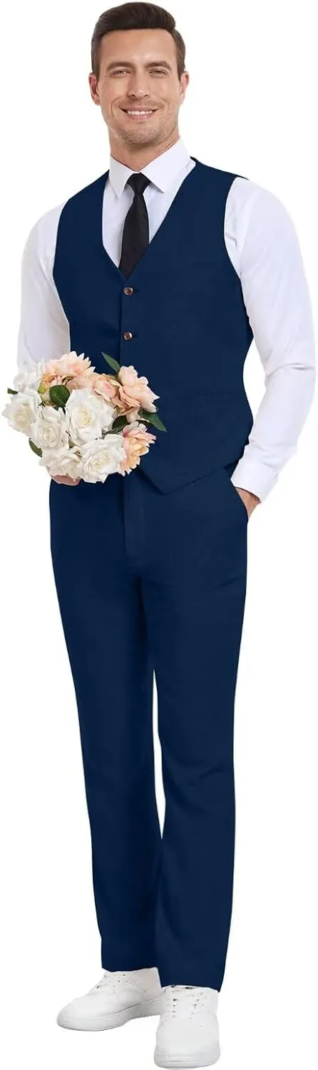 Men's Linen Suits 2 Piece Slim Fit Suit Prom Beach Wedding Groomsman Vest Pants Set Casual Summer Linen Outfit