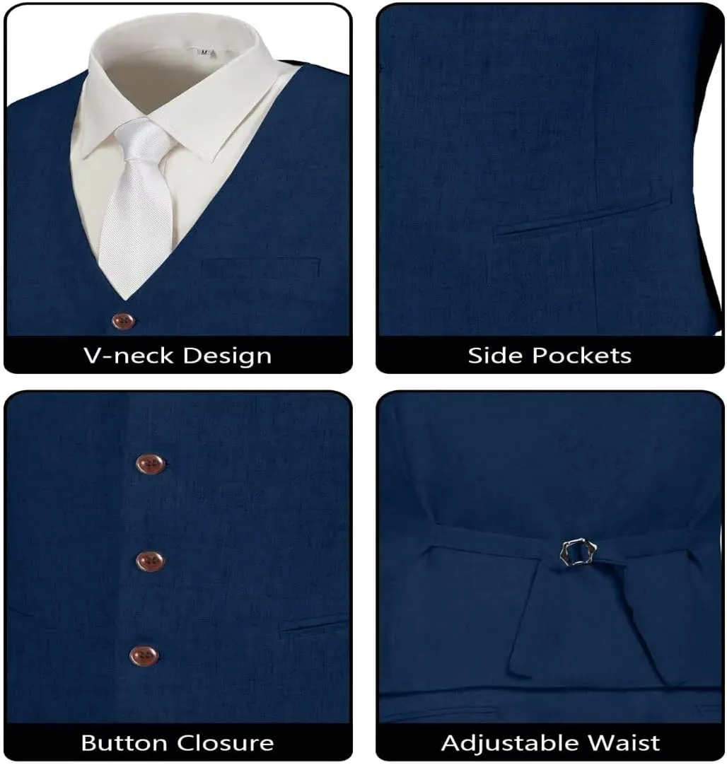 Men's Linen Suits 2 Piece Slim Fit Suit Prom Beach Wedding Groomsman Vest Pants Set Casual Summer Linen Outfit
