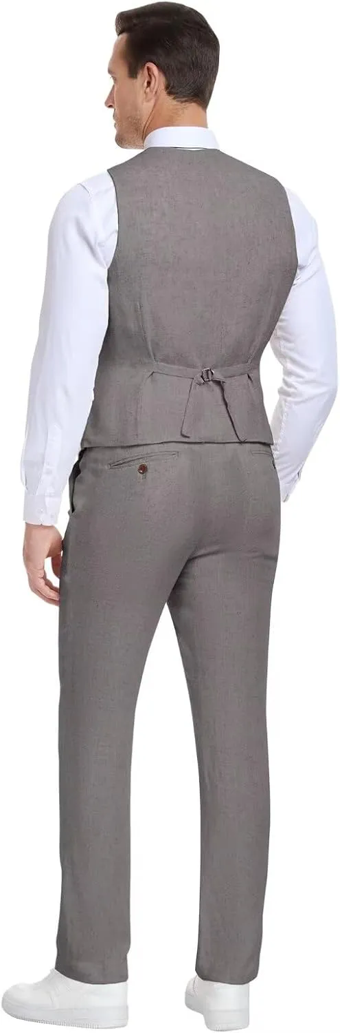 Men's Linen Suits 2 Piece Slim Fit Suit Prom Beach Wedding Groomsman Vest Pants Set Casual Summer Linen Outfit