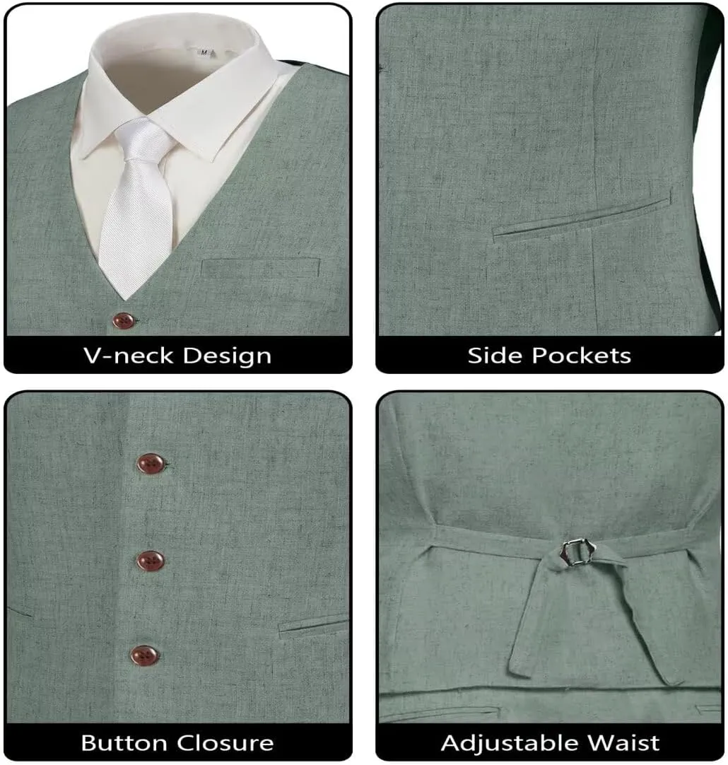 Men's Linen Suits 2 Piece Slim Fit Suit Prom Beach Wedding Groomsman Vest Pants Set Casual Summer Linen Outfit