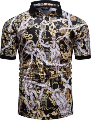 Mens Luxury Polo Shirts Black Gold Short Sleeve Baroque Chain Print Casual Wicking Golf Flower T-Shirt