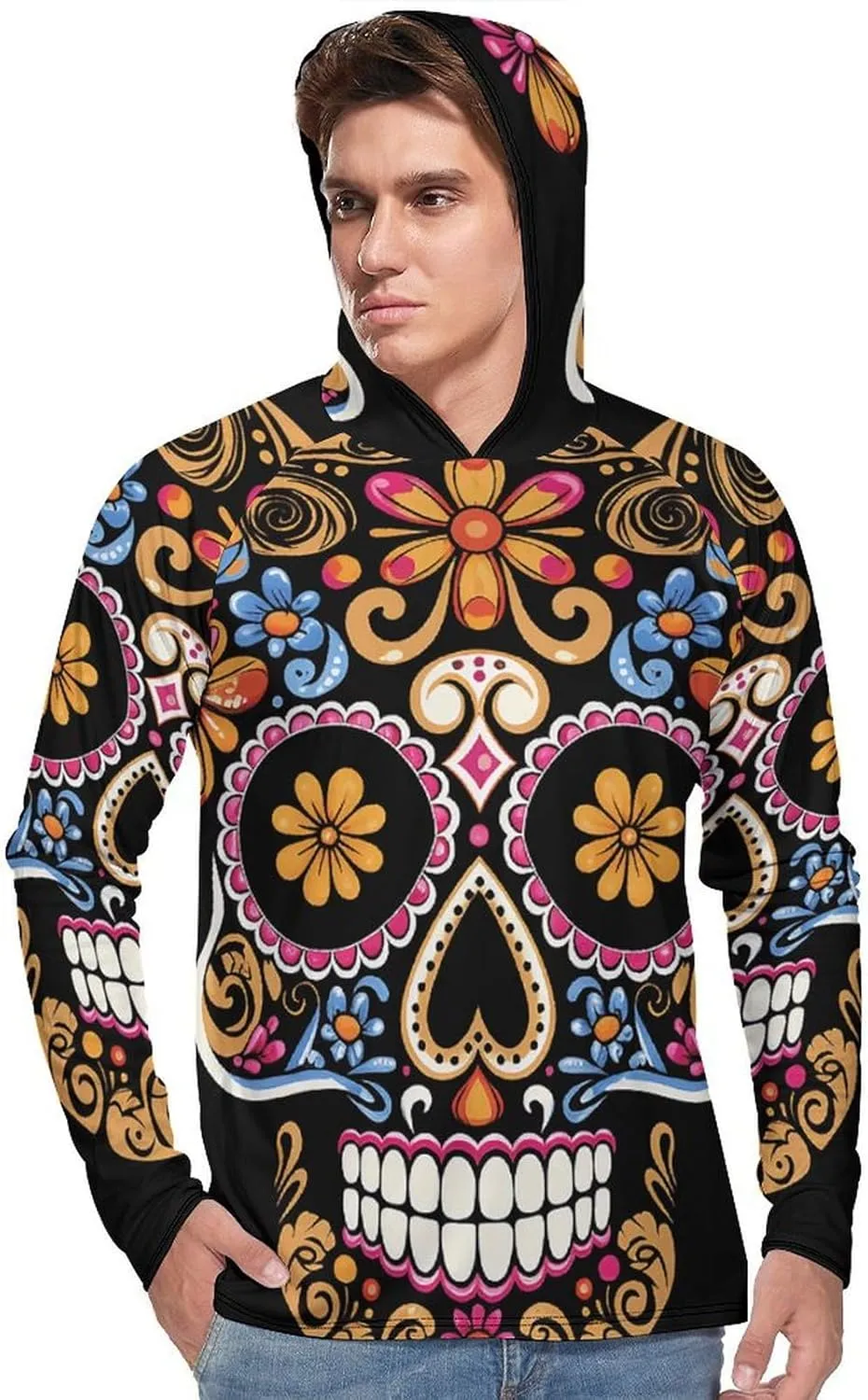 Men's UPF 50  Sun Protection Hoodie Outdoor UV Shirts Hand Drawn Skull Long Sleeve Quick Dry Fishing Hiking Shirt