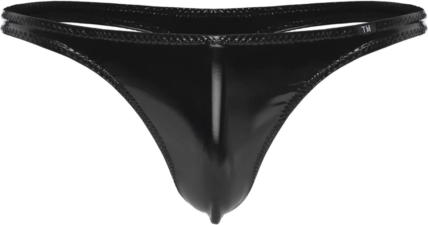 Mens Wet Look Briefs Low Waist Bulge Pouch Thongs G-String Underwear Leather Swim Trunks