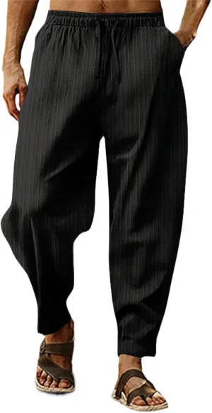 Mens White Linen Casual Pants Elastic Waist Loose Fit Straight-Legs Stretchy Summer Beach Long Baggy Yoga Trousers