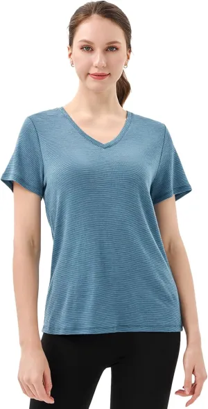 Merino Protect 100% Merino Wool V Neck T-Shirt for Women Short Sleeve Base Layers Odor Resistance Tops for Outdoor Hiking