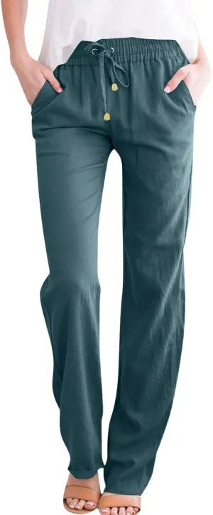 midelxp Straight Leg Linen Pants Women Comfy Loose Fitting Drawstring Pants with Pockets Casual High Waisted Trousers Pants