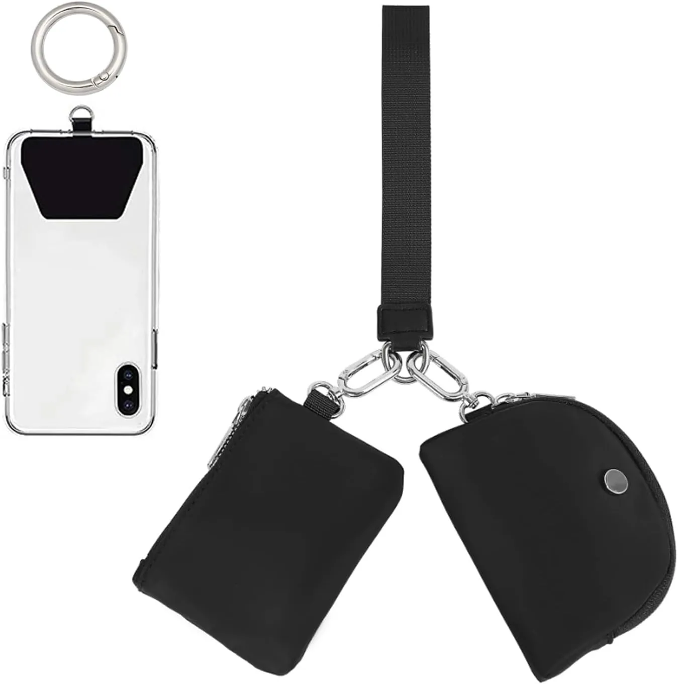 Mini Zip Around Wristlet Wallet for Women, Key Ring and Tether Tab for Cell Phone,Detachable Dual Pouch Wristlet Portable Coin Purse, Purse Mini Coin Pocket for Women (Black)