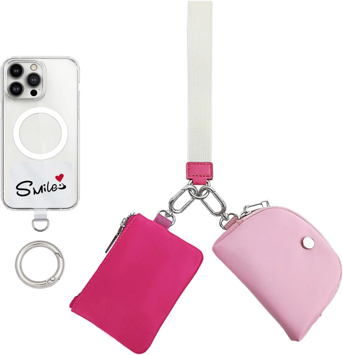 Mini Zip Around Wristlet Wallet for Women, Key Ring and Tether Tab for Cell Phone,Detachable Dual Pouch Wristlet Portable Coin Purse, Purse Mini Coin Pocket for Women (Rose Pink)