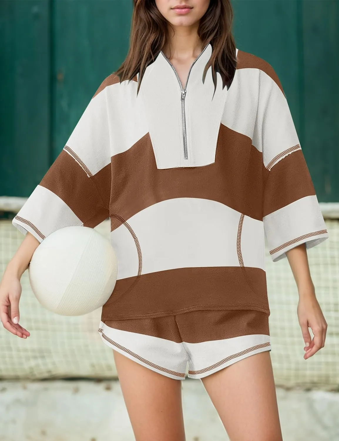 MISSACTIVER Womens 2 Piece Lounge Set Stripe Half Sleeve Oversized Shirts Shorts Summer Two Piece Workout Sets