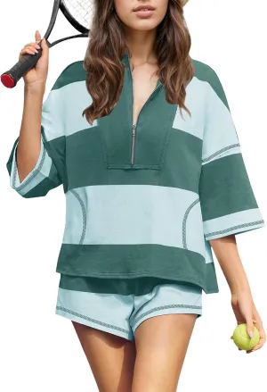 MISSACTIVER Womens 2 Piece Lounge Set Stripe Half Sleeve Oversized Shirts Shorts Summer Two Piece Workout Sets