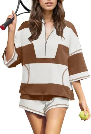 MISSACTIVER Womens 2 Piece Lounge Set Stripe Half Sleeve Oversized Shirts Shorts Summer Two Piece Workout Sets