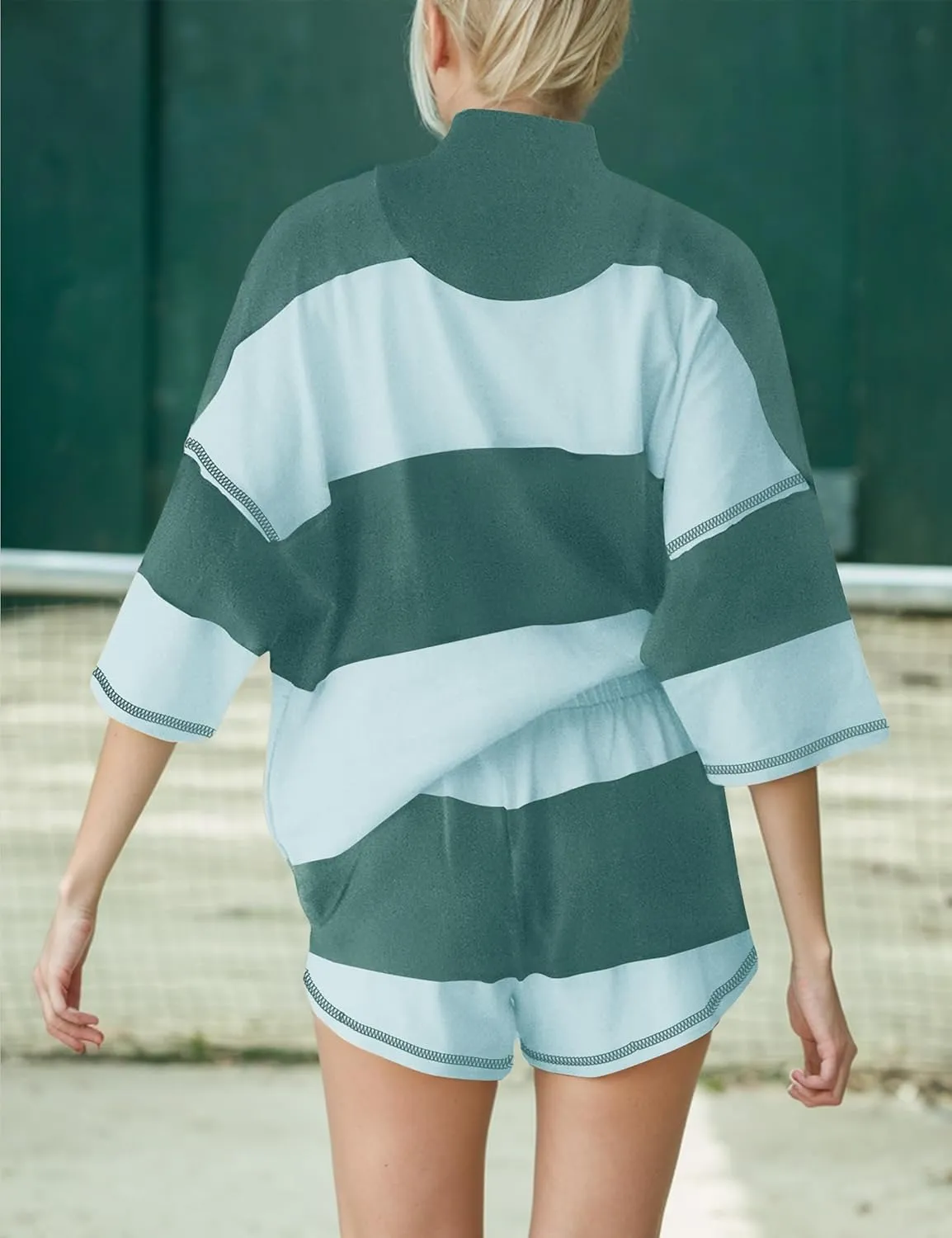 MISSACTIVER Womens 2 Piece Lounge Set Stripe Half Sleeve Oversized Shirts Shorts Summer Two Piece Workout Sets