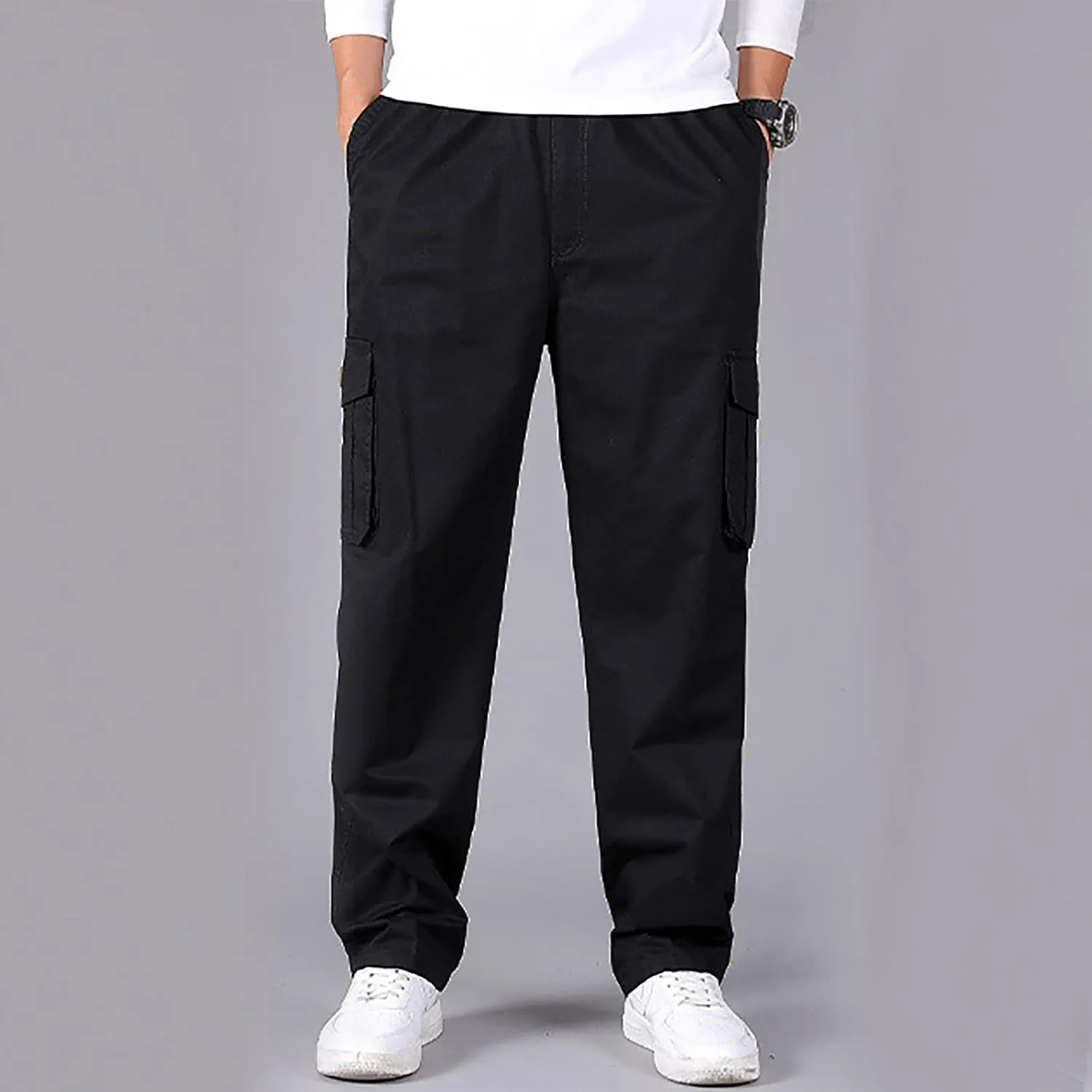 Muscularfit Plus Size Cargo Pants for Men Fashion Outdoor Cotton Multi Pockets Solid Straight Trouser Causal Loose Sweatpants