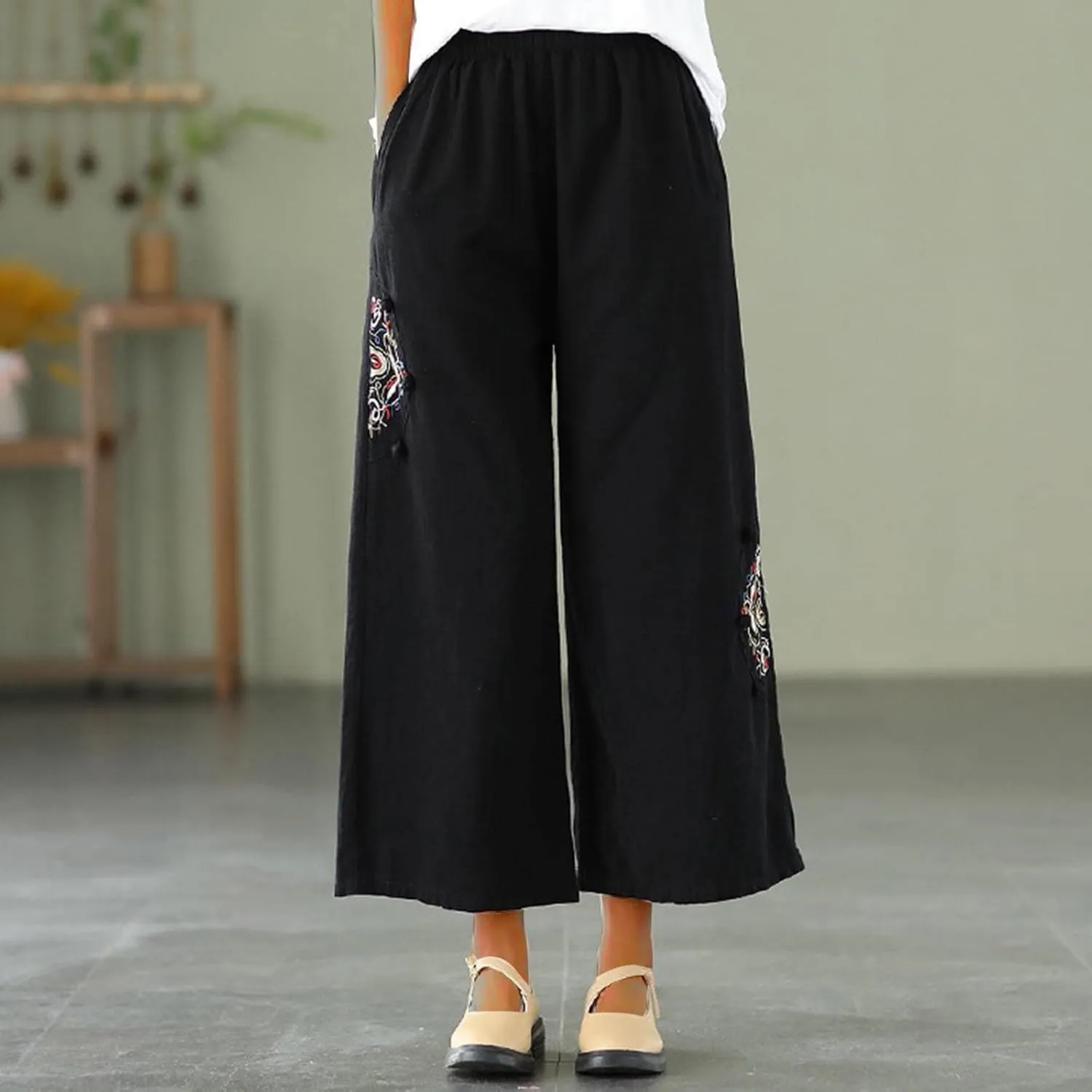 Mzkdieey Womens Wide Leg Capri Pants Mexican Embroidered Peasant Cropped Trousers Cotton Linen High Waist Palazzo Pants