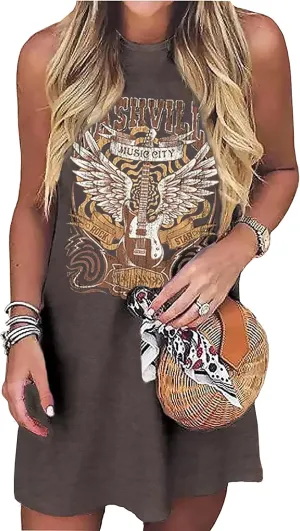 Nashville Music City Mini Dress Women Country Music Rock Band Sleeveless Dress Vintage Guitar Wings Graphic T Shirts Dress