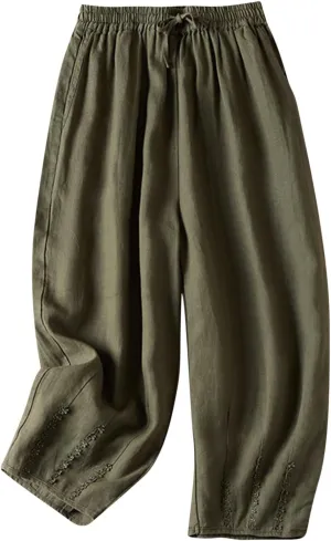 NATHGAM Womens Linen Pants Flowy Summer High Waisted Wide Leg Pant with Pockets Lounge Trousers Casual Palazzo Harem Pants