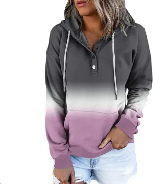 nerohusy Women Casual Button Pullover Sweatshirt V Neck Hoodies Oversized Hooded Tops with Pockets Tie Dye Long Sleeve