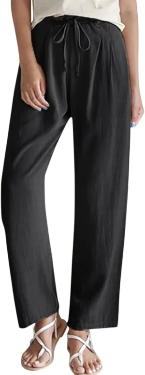 niuwa Solid Color Cotton Linen Pants for Women Drawstring Waist Straight Leg Pants Loose Summer Casual Trousers