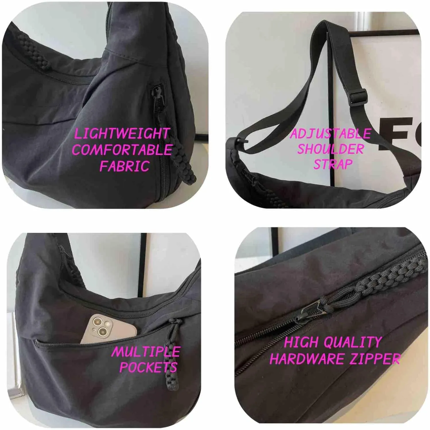 Nylon Crescent Crossbody Bag - Adjustable Hobo Shoulder Bag for Women