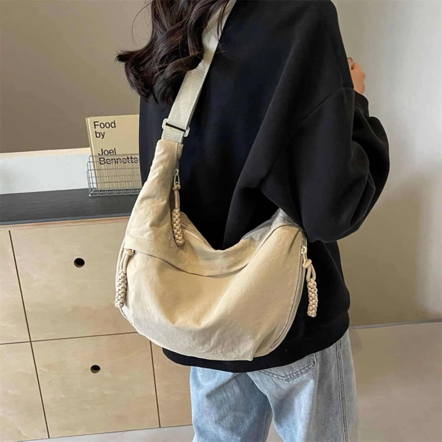 Nylon Crescent Crossbody Bag - Adjustable Hobo Shoulder Bag for Women