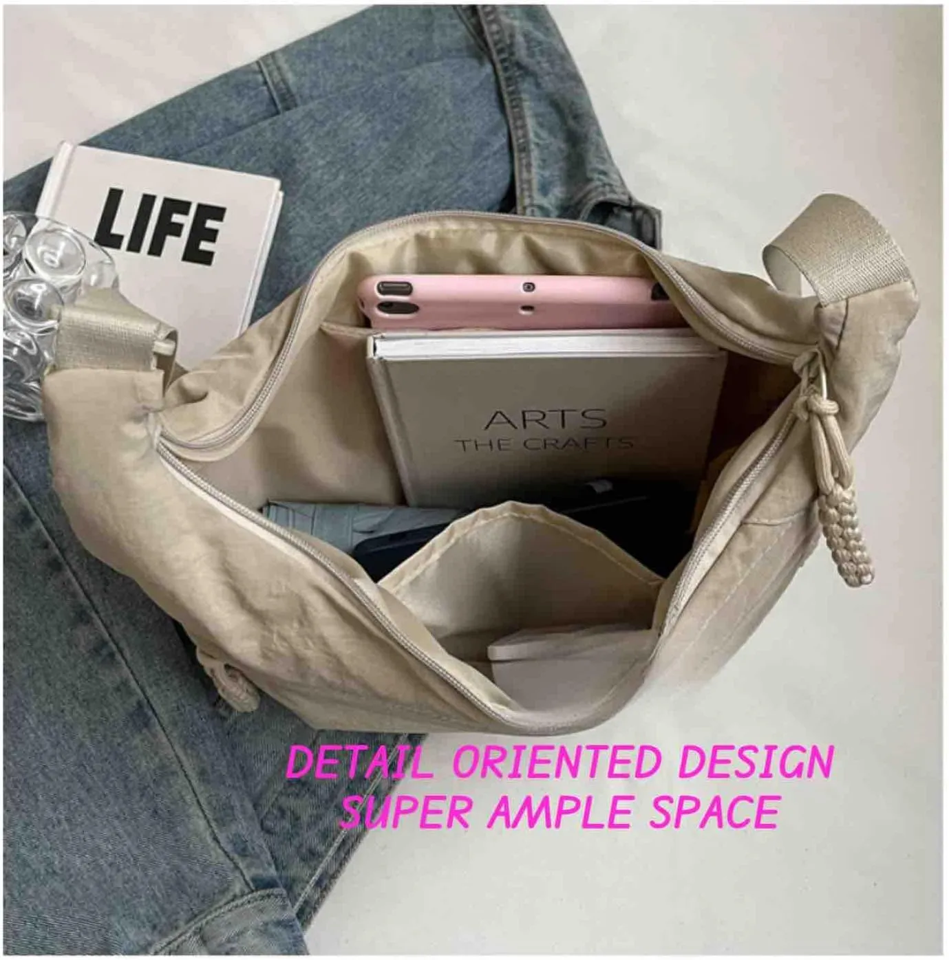 Nylon Crescent Crossbody Bag - Adjustable Hobo Shoulder Bag for Women