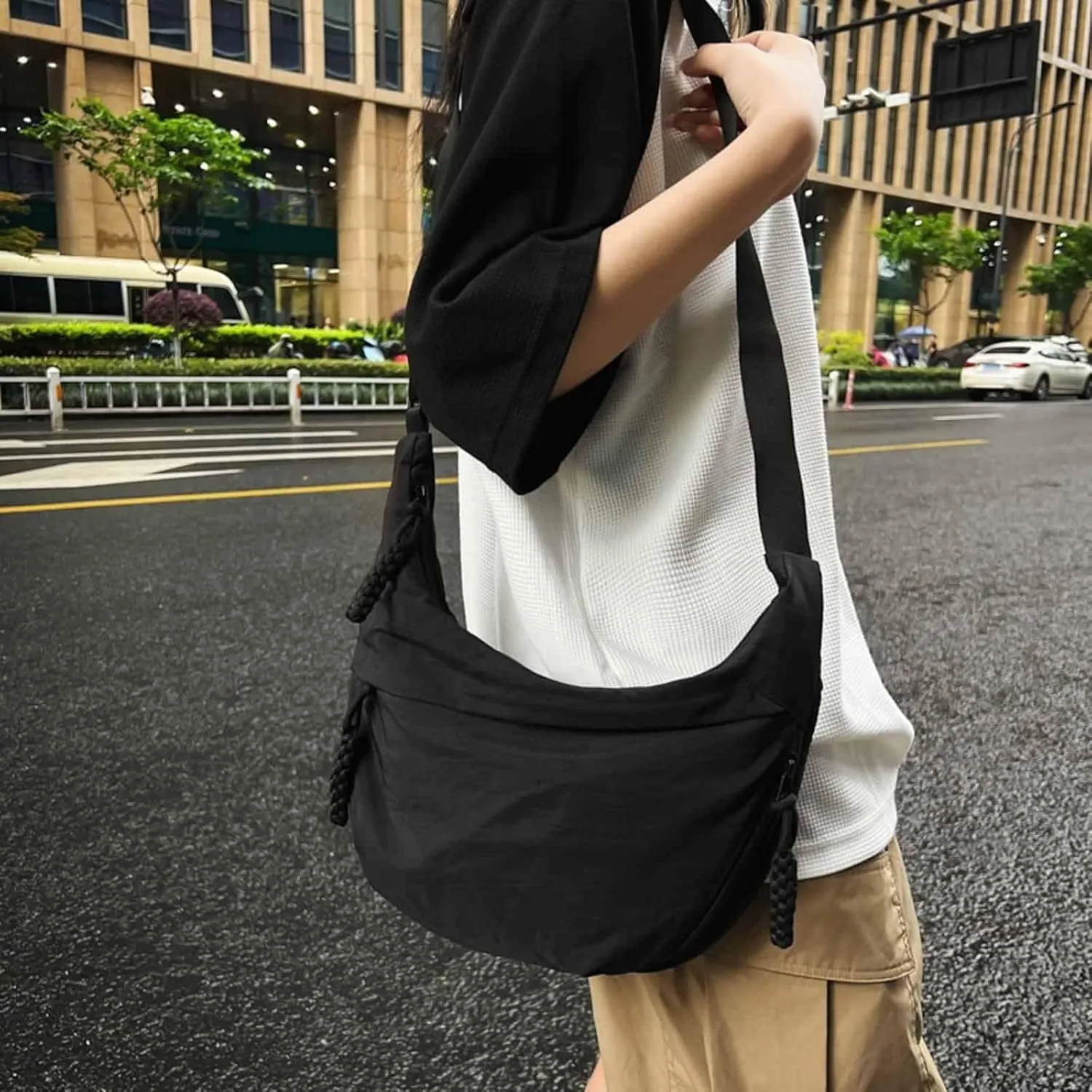Nylon Crescent Crossbody Bag - Adjustable Hobo Shoulder Bag for Women