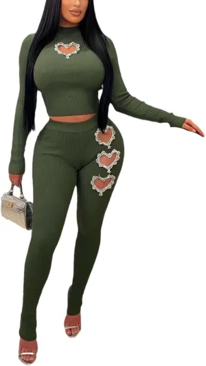 OLUOLIN Womens 2 Piece Outfits Ribbed Knit Casual Sweatsuits Jogging Suits Crop Tops Legging Pants Sets Acitve Tracksuit