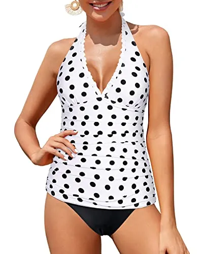Open Back Tankini Top With Adjustable Strap V Neck Tankini Swimsuits-White Black Polka Dots