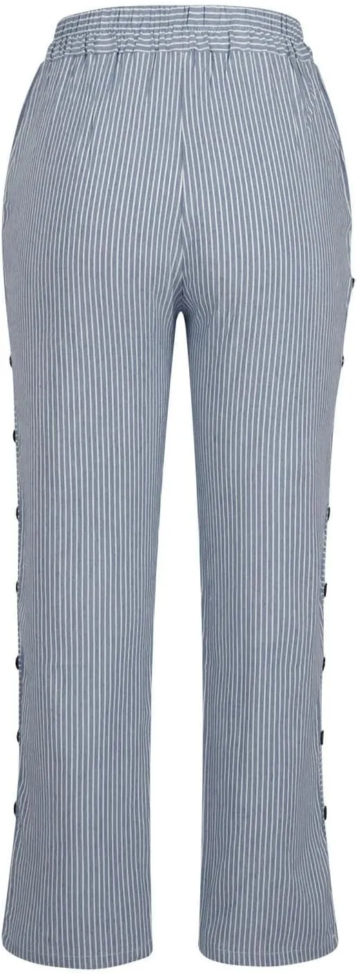 Oplxuo Cotton Linen Pants for Women Button Side Plus Size Striped Summer Gauze Pants Casual Elastic Waist Comfy Trousers