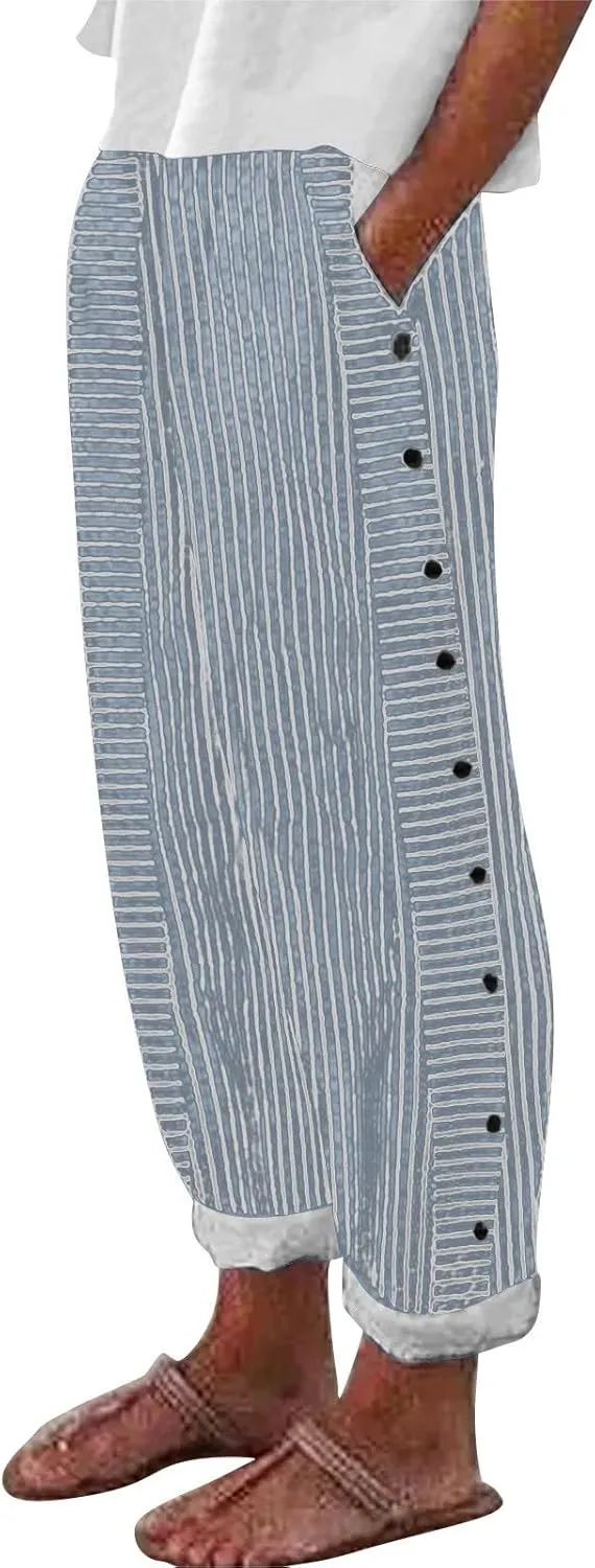 Oplxuo Cotton Linen Pants for Women Button Side Plus Size Striped Summer Gauze Pants Casual Elastic Waist Comfy Trousers