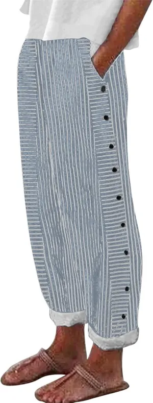 Oplxuo Cotton Linen Pants for Women Button Side Plus Size Striped Summer Gauze Pants Casual Elastic Waist Comfy Trousers