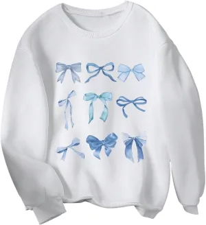 OYOANGLE Girl's Cute Bow Print Long Sleeve Crewneck Fleece Sweatshirts Y2K Drop Shoulder Pullover Tops