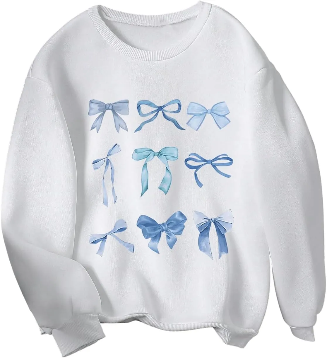 OYOANGLE Girl's Cute Bow Print Long Sleeve Crewneck Fleece Sweatshirts Y2K Drop Shoulder Pullover Tops