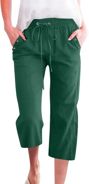 Pants for Women Summer 2025 Casual Lounge Pants Cropped Cotton Linen Comfy Drawstring Baggy Trousers with Pockets