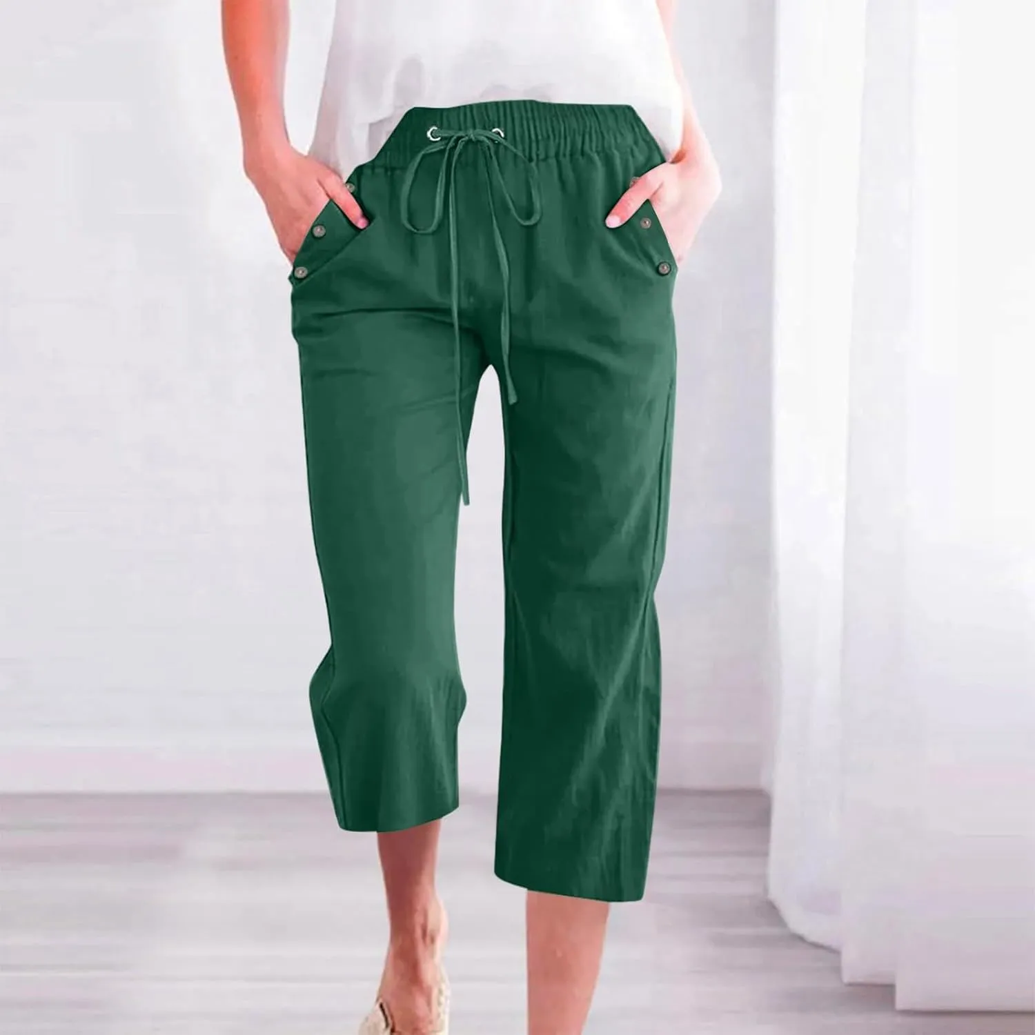 Pants for Women Summer 2025 Casual Lounge Pants Cropped Cotton Linen Comfy Drawstring Baggy Trousers with Pockets