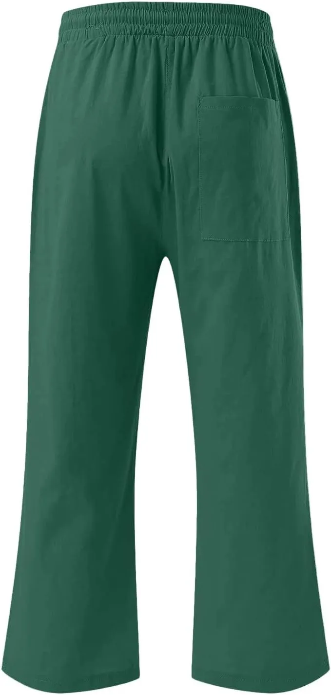 Pants for Women Summer 2025 Casual Lounge Pants Cropped Cotton Linen Comfy Drawstring Baggy Trousers with Pockets