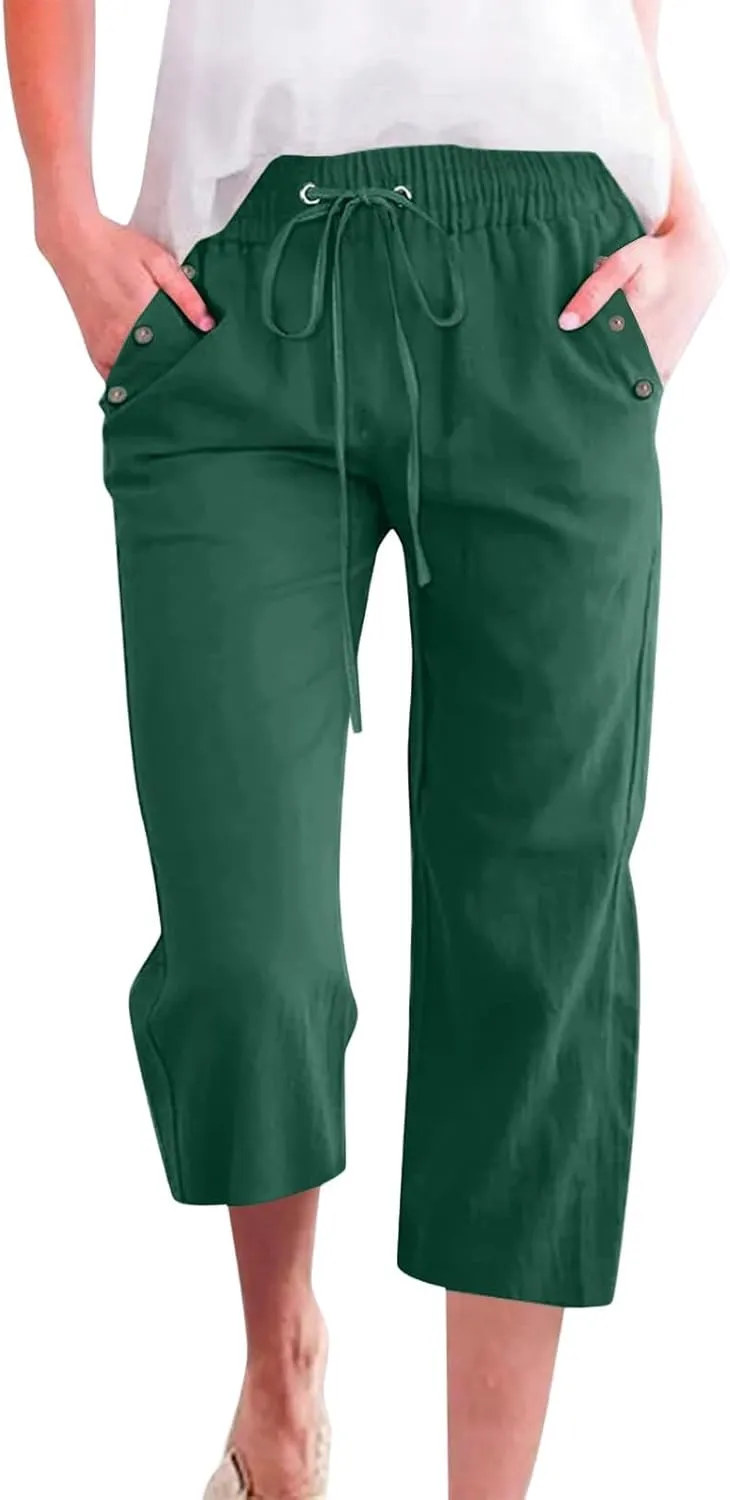 Pants for Women Summer 2025 Casual Lounge Pants Cropped Cotton Linen Comfy Drawstring Baggy Trousers with Pockets