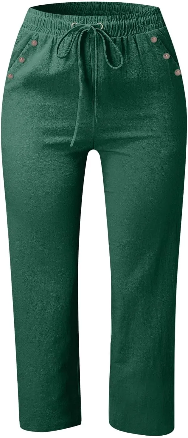 Pants for Women Summer 2025 Casual Lounge Pants Cropped Cotton Linen Comfy Drawstring Baggy Trousers with Pockets