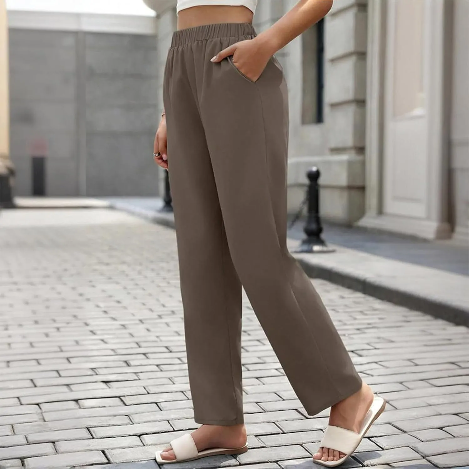 Pants for Womens Stretch High Waisted Pockets Solid Color Trousers Casual Straight Leg Loose Comfy Full Length Pant