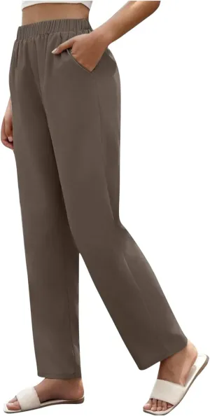 Pants for Womens Stretch High Waisted Pockets Solid Color Trousers Casual Straight Leg Loose Comfy Full Length Pant