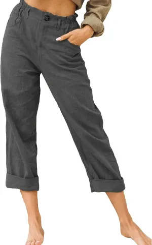Peasant Pants for Women Summer Beach Cotton Linen Capris 3/4 Sweatpants Yoga Pant Elastic Waist Cropped Lounge Slacks